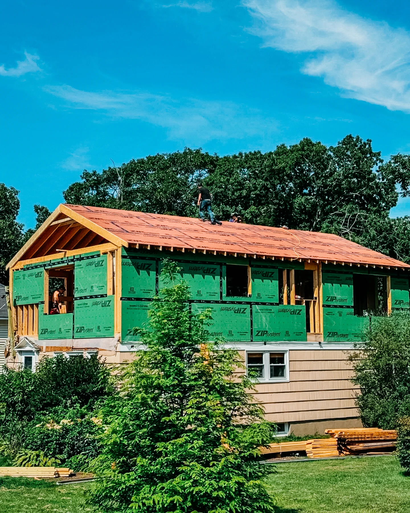 Wide view of residential roof construction